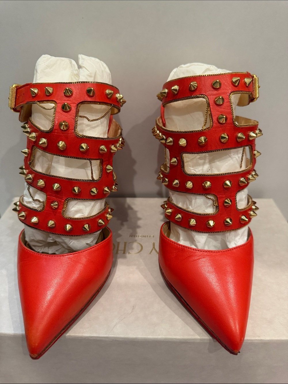 100% authentic Louboutin Orange Studded Leather Pointed-Toe Heels